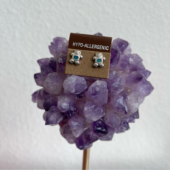 Vintage Teddy Bear Silver Tone Blue Turquoise Stone Stud Earrings NEW - Picture 2 of 4